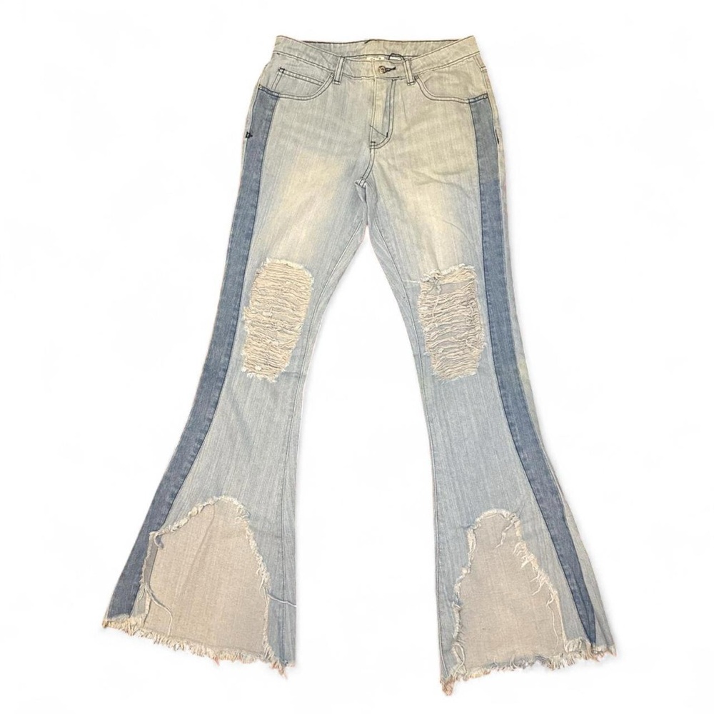 NWT Somedays Lovin Skyfall Distressed 70s Mid-Rise Denim Flare Jeans — SMALL
